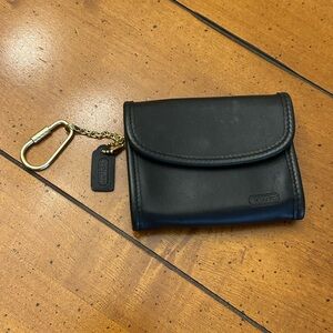 Vintage Coach Black Leather Wallet with Gold Keychain and black bag tag
